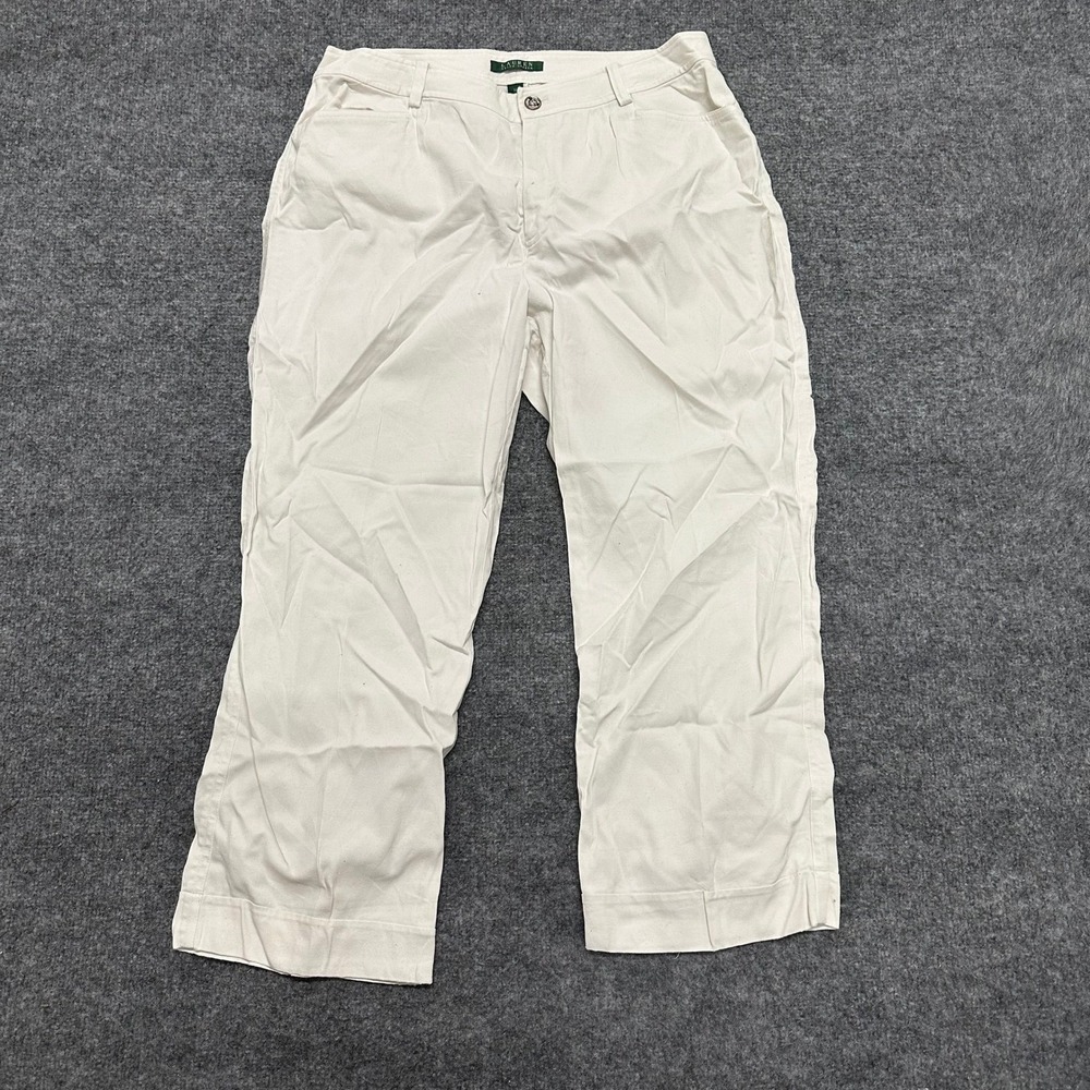Lauren Ralph Lauren Pants Womens Size 14 White Cropped Stretch Cotton Cuffed